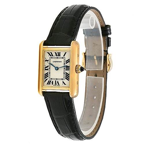 This is a side-angle view of a Cartier Tank Louis W1529856 Women's Yellow Gold Silver Dial W1529856 Women's Yellow Gold Silver Dial watch, showcasing its face, strap, and buckle.