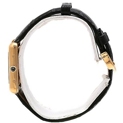 The image shows a side view of the Cartier Tank Louis W1529856 Women's Yellow Gold Silver Dial W1529856 Women's Yellow Gold Silver Dial watch, highlighting its gold case, crown, and black leather strap.