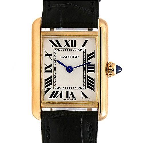 The image shows a frontal view of a Cartier Tank Louis W1529856 Women's Yellow Gold Silver Dial W1529856 Women's Yellow Gold Silver Dial watch, highlighting the dial, hands, bezel, and crown.