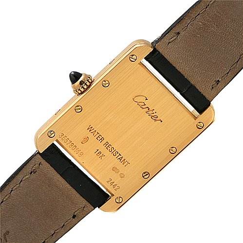 This image shows the back case and strap of the Cartier Tank Louis W1529856 Women's Yellow Gold Silver Dial W1529856 Women's Yellow Gold Silver Dial watch.