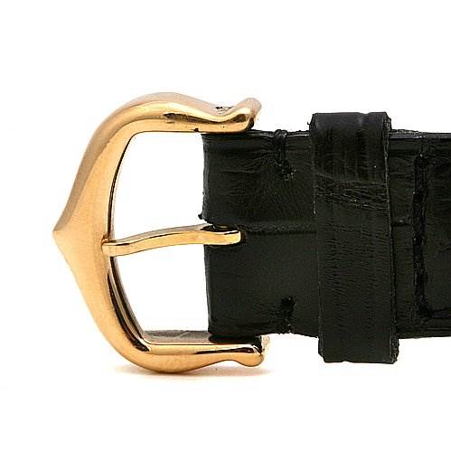 This image shows a close-up side view of the Tank Louis Cartier watch buckle with a black leather strap.