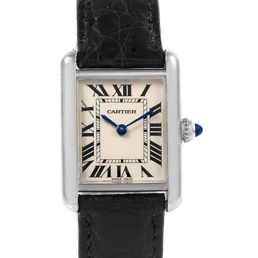 Cartier Tank Louis 18k White Gold Black Strap Ladies Watch W1541056 SwissWatchExpo