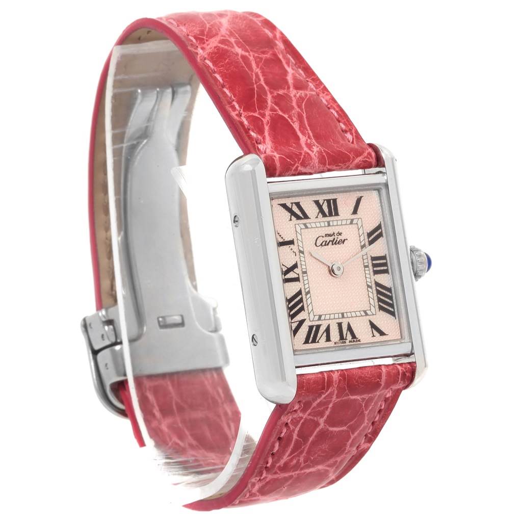 The image shows a Cartier Tank Louis 8129 Women's Stainless Steel Pink Dial 8129 Women's Stainless Steel Pink Dial watch at a slight angle, displaying its face, crown, and red leather strap.