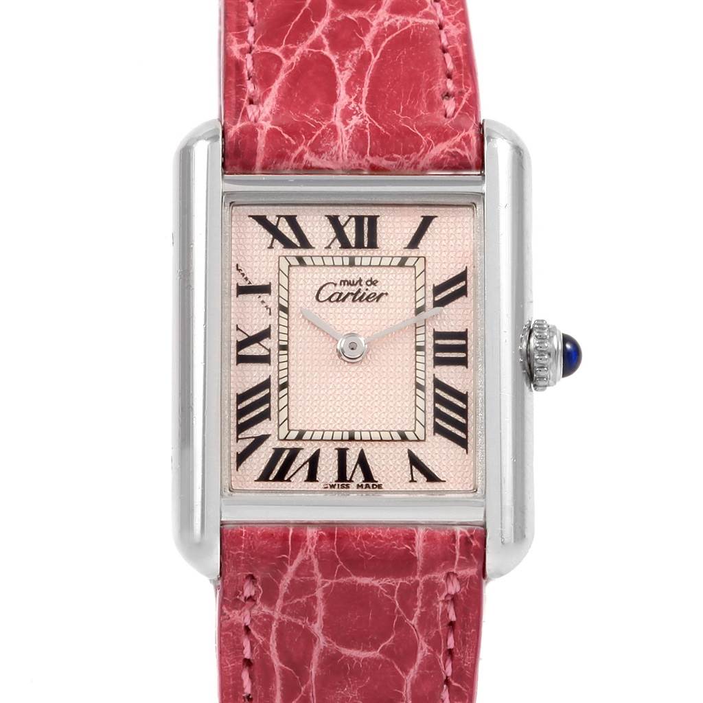 The image shows a front view of the Cartier Tank Louis 8129 Women's Stainless Steel Pink Dial 8129 Women's Stainless Steel Pink Dial watch, highlighting its rectangular dial, Roman numerals, and red leather strap.