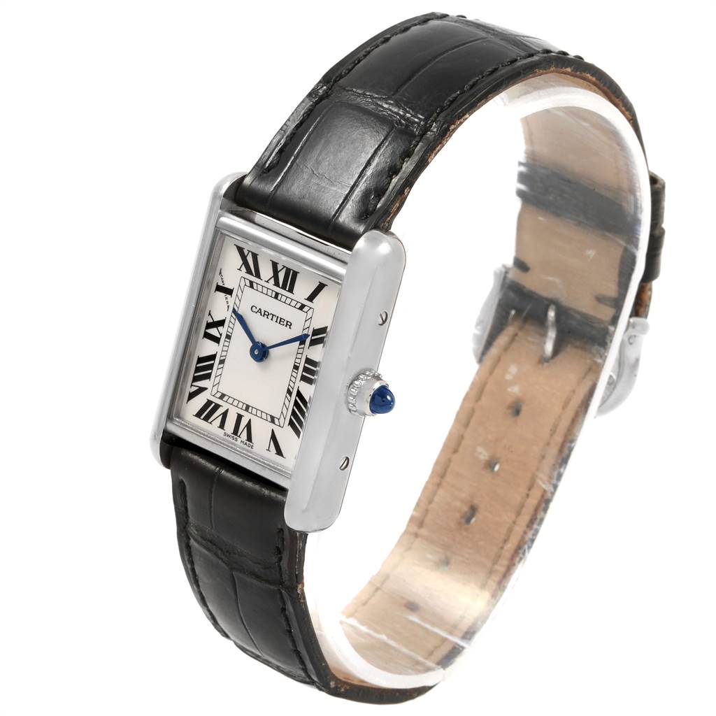The image shows a Cartier Tank Louis W1541056 Women's White Gold Silver Dial W1541056 Women's White Gold Silver Dial watch at a three-quarter angle, displaying the face, crown, and leather strap.