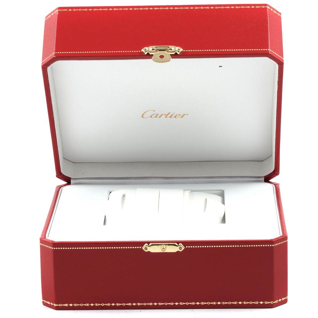 The image shows an open Cartier box for the Tank Louis model watch, displaying the interior without the watch.