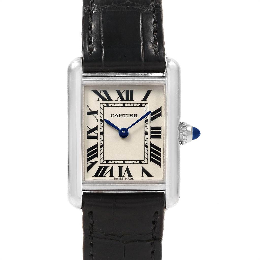 The image shows a head-on view of the Cartier Tank Louis W1541056 Women's White Gold Silver Dial W1541056 Women's White Gold Silver Dial watch, displaying the face, Roman numerals, blue hands, and leather strap.