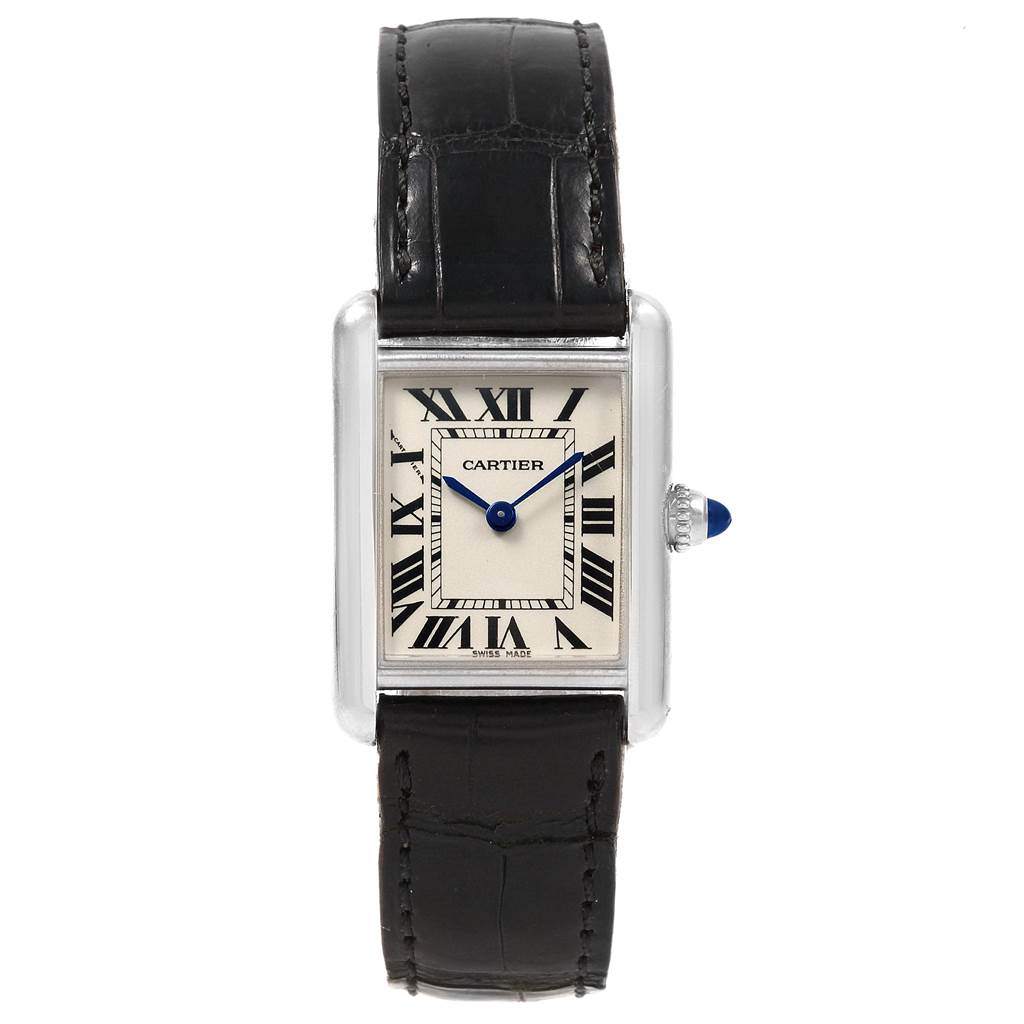 The Cartier Tank Louis W1541056 Women's White Gold Silver Dial W1541056 Women's White Gold Silver Dial watch is shown from the front, displaying its face, black strap, and crown with a blue cabochon.