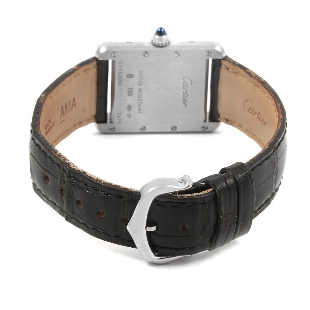 The image shows the back view of a Cartier Tank Louis W1541056 Women's White Gold Silver Dial W1541056 Women's White Gold Silver Dial watch, featuring its leather strap and clasp.