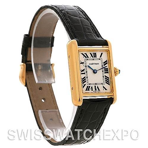 This image shows the front and side view of the Cartier Tank Louis W1529856 Women's Yellow Gold White Dial W1529856 Women's Yellow Gold White Dial watch, highlighting its rectangular case and leather strap.