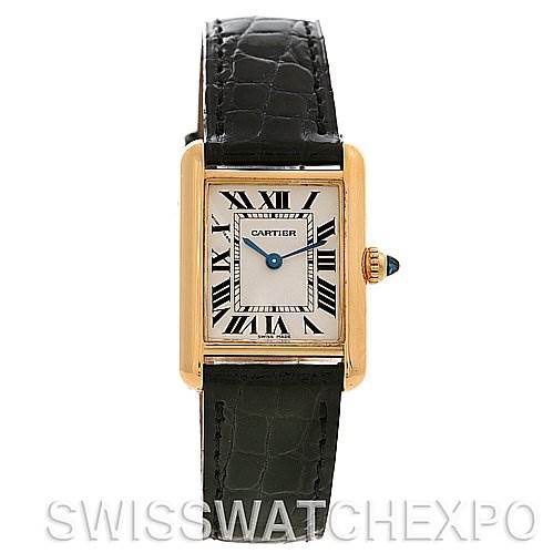 Front view of the Cartier Tank Louis W1529856 Women's Yellow Gold White Dial W1529856 Women's Yellow Gold White Dial model watch, showing the dial, Roman numerals, and black leather strap.