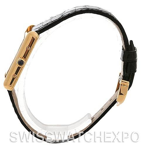 The image shows a side view of a Cartier Tank Louis W1529856 Women's Yellow Gold White Dial W1529856 Women's Yellow Gold White Dial watch, highlighting the case, crown, and black leather strap.