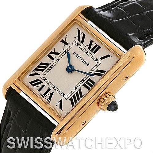 The image shows a front-side view of a Cartier Tank Louis W1529856 Women's Yellow Gold White Dial W1529856 Women's Yellow Gold White Dial watch, highlighting its rectangular face with Roman numerals and leather strap.