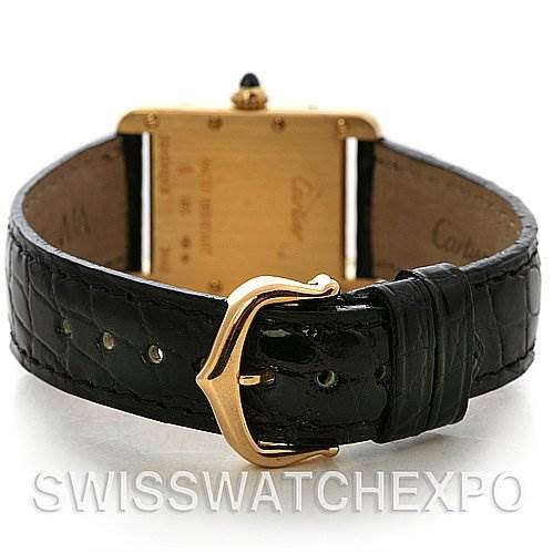 The image shows a rear view of the Cartier Tank Louis W1529856 Women's Yellow Gold White Dial W1529856 Women's Yellow Gold White Dial watch, focusing on its black leather strap and gold buckle.