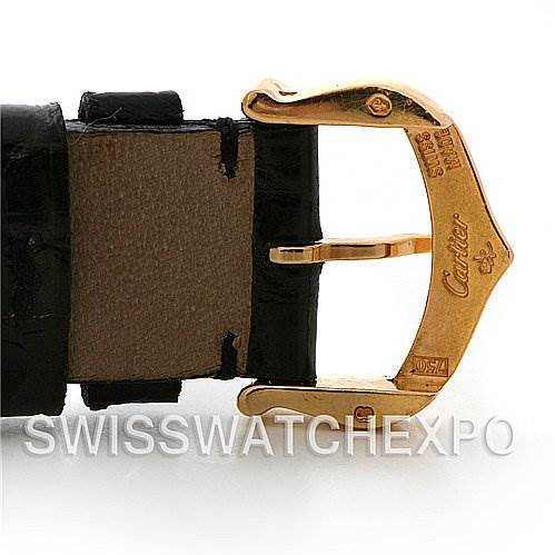 The image shows the buckle and part of the leather strap of a Cartier Tank Louis W1529856 Women's Yellow Gold White Dial W1529856 Women's Yellow Gold White Dial watch from a side angle.