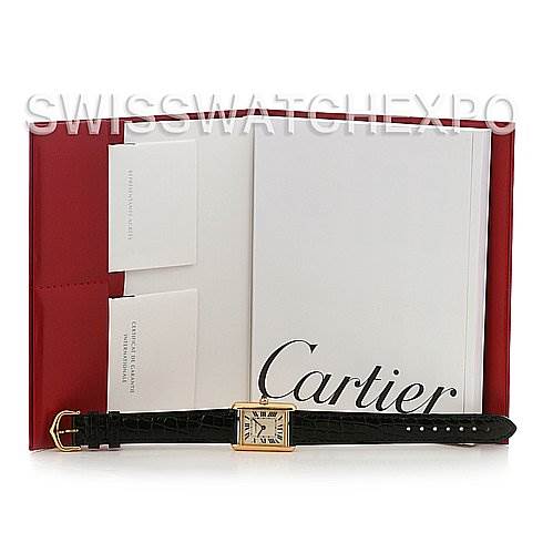The image shows a Cartier Tank Louis W1529856 Women's Yellow Gold White Dial W1529856 Women's Yellow Gold White Dial watch laid flat with its accompanying box, booklet, and papers.