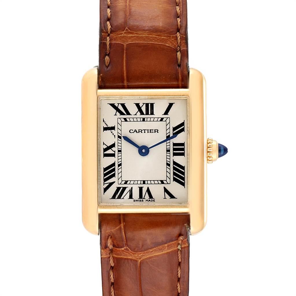 The image shows a front view of a Cartier Tank Louis W1529856 Women's Yellow Gold Silver Dial W1529856 Women's Yellow Gold Silver Dial watch, featuring its face, roman numeral markers, and leather strap.