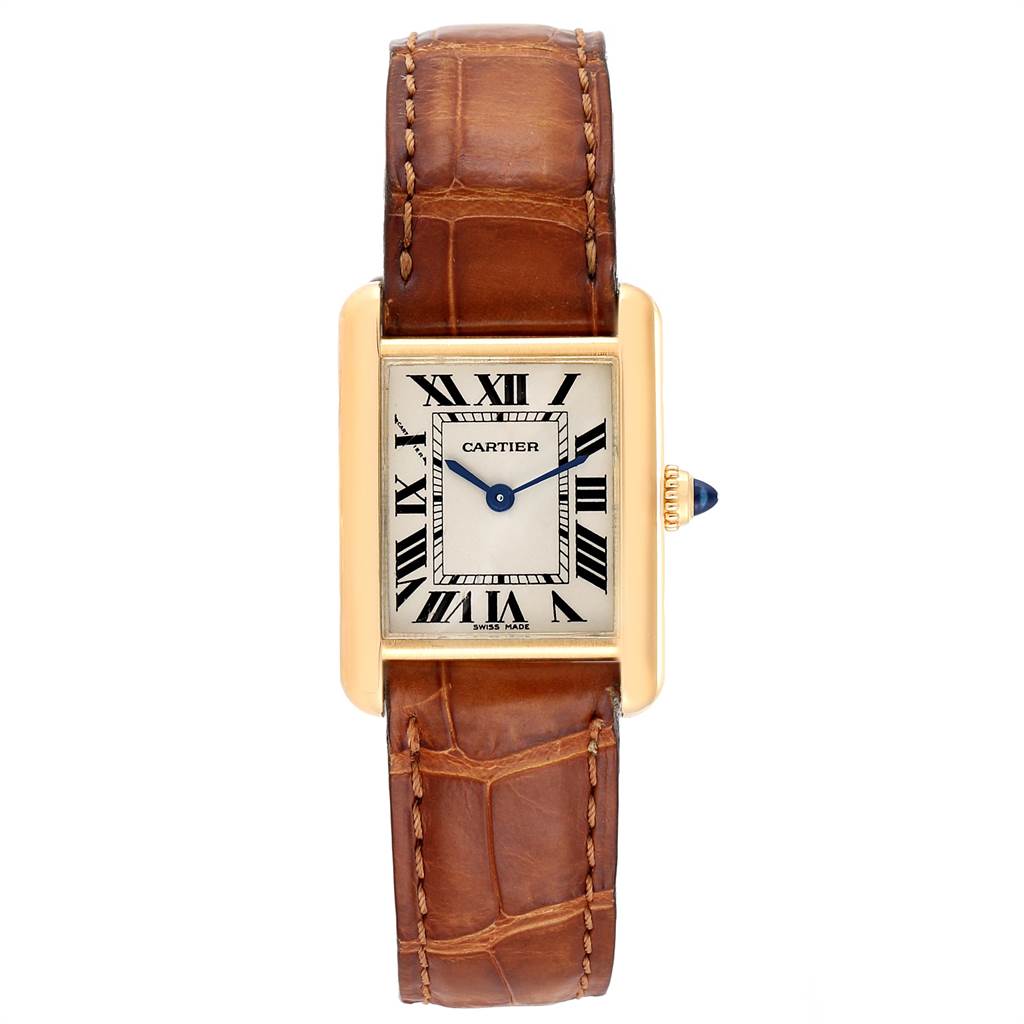 This image shows a front view of a Cartier Tank Louis W1529856 Women's Yellow Gold Silver Dial W1529856 Women's Yellow Gold Silver Dial watch with a brown leather strap and Roman numeral dial.