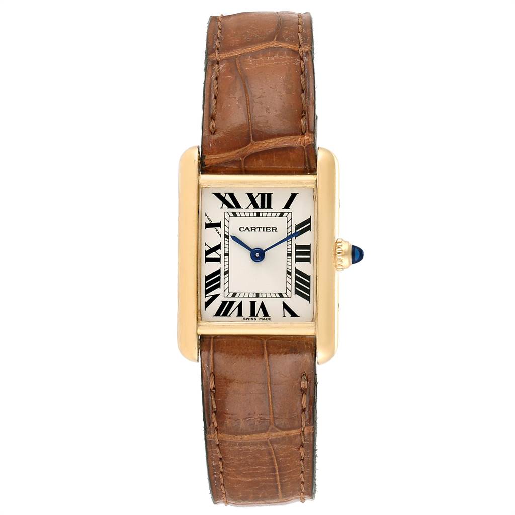This image shows a front view of the Cartier Tank Louis W1529856 Women's Yellow Gold Silver Dial W1529856 Women's Yellow Gold Silver Dial watch, displaying the dial and brown leather strap.