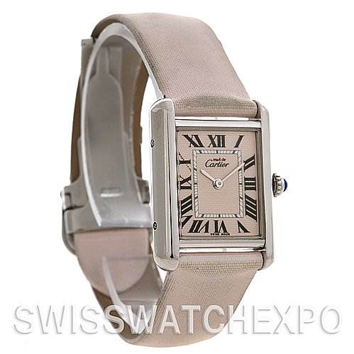 The image shows a Cartier Tank Louis Women's Stainless Steel Pink Dial Women's Stainless Steel Pink Dial model watch at a three-quarter angle, highlighting the rectangular face, leather strap, and clasp.