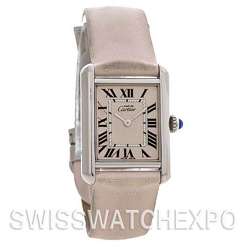 This is a front view of the Tank Louis model by Cartier, showcasing the watch's face, bezel, and strap.