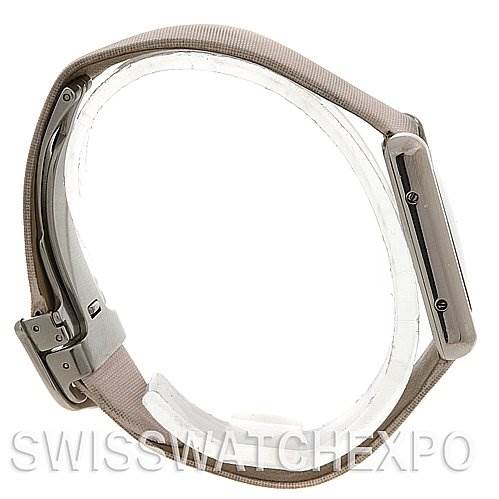 The image shows a side view of a Cartier Tank Louis Women's Stainless Steel Pink Dial Women's Stainless Steel Pink Dial watch, highlighting the case, strap, and clasp.