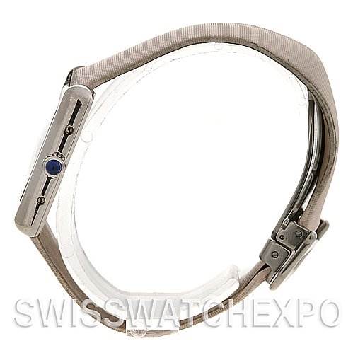 The image shows a side profile of a Cartier Tank Louis Women's Stainless Steel Pink Dial Women's Stainless Steel Pink Dial watch, highlighting the crown and strap.