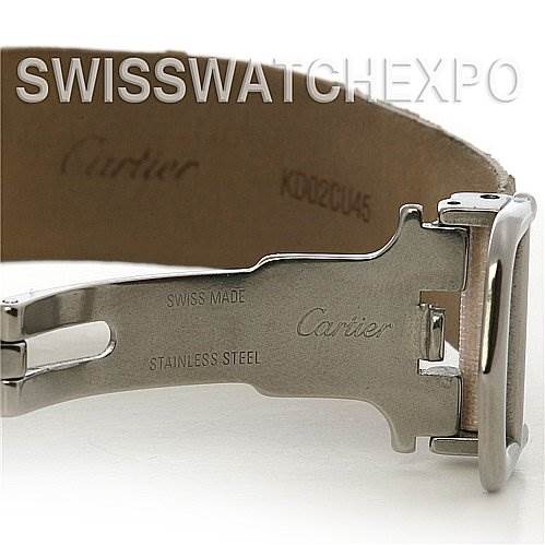 The image shows the clasp and part of the leather band of the Tank Louis watch by Cartier, captured from a side angle.