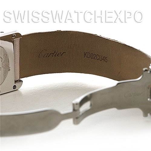 The image shows the back of a Cartier Tank Louis Women's Stainless Steel Pink Dial Women's Stainless Steel Pink Dial watch focusing on the leather strap and buckle, with model details visible.