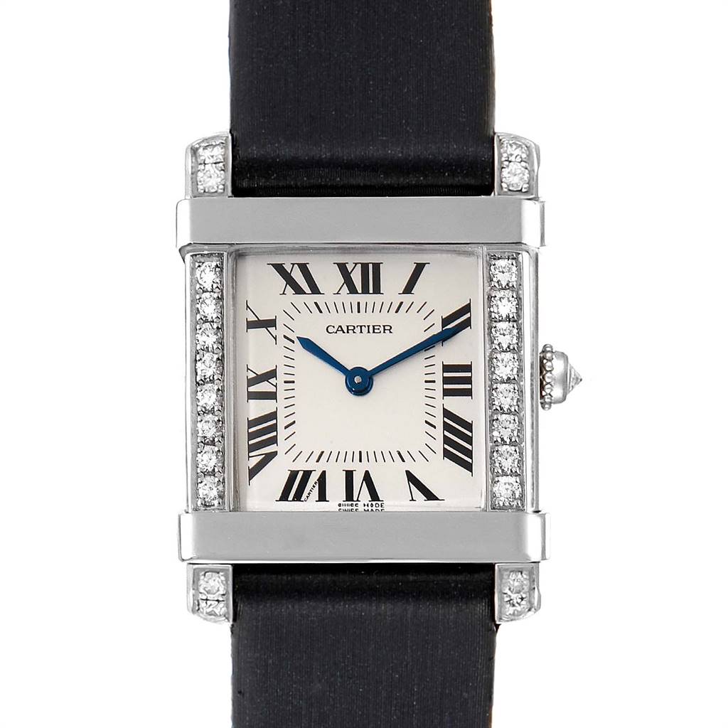 The image shows a front view of the Cartier Tank Louis 2755 Women's Platinum Silver Dial 2755 Women's Platinum Silver Dial model watch, highlighting its rectangular face and Roman numeral markers.