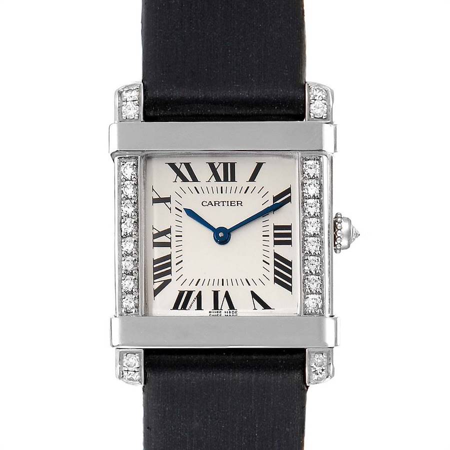 The image shows a front view of the Cartier Tank Louis model watch, highlighting its rectangular face and Roman numeral markers.