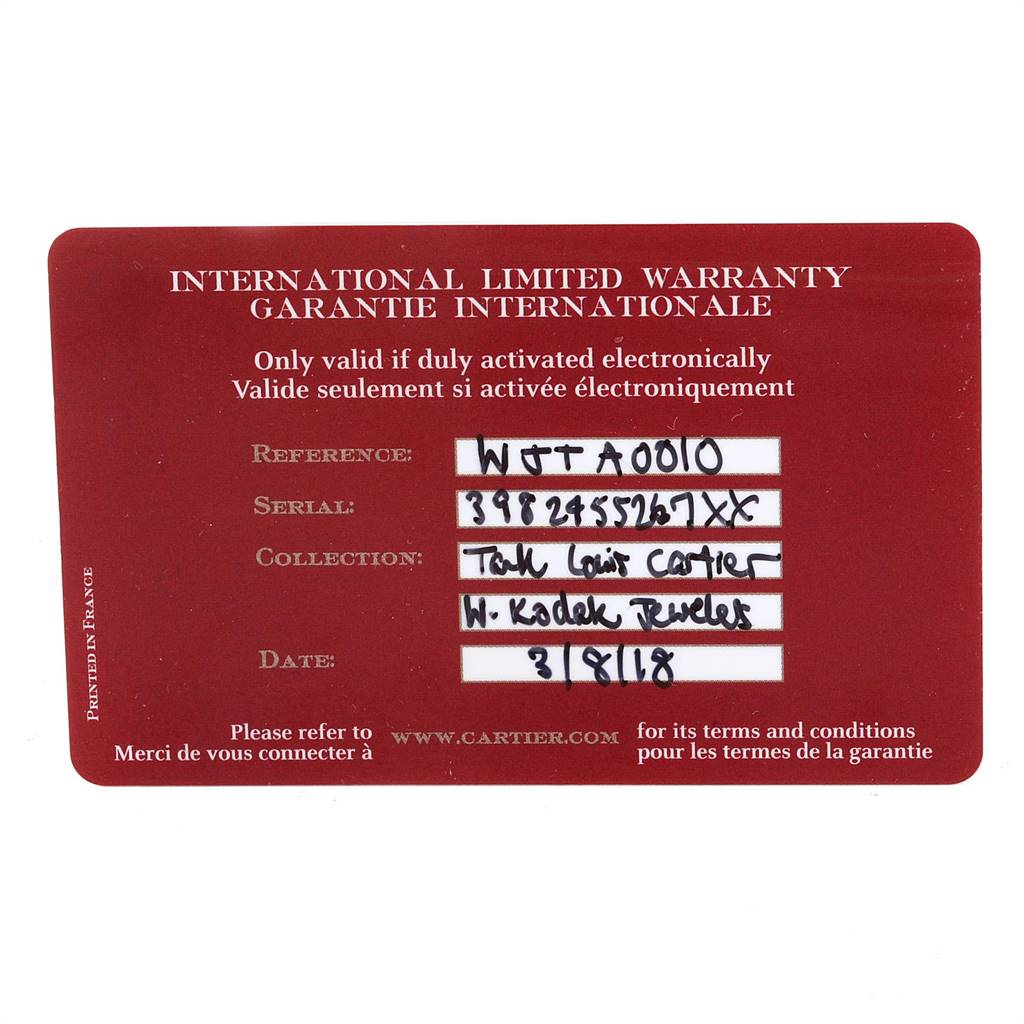 This image shows the International Limited Warranty card for the Cartier Tank Louis WJTA0010 Women's Yellow Gold Silver Dial WJTA0010 Women's Yellow Gold Silver Dial model watch.