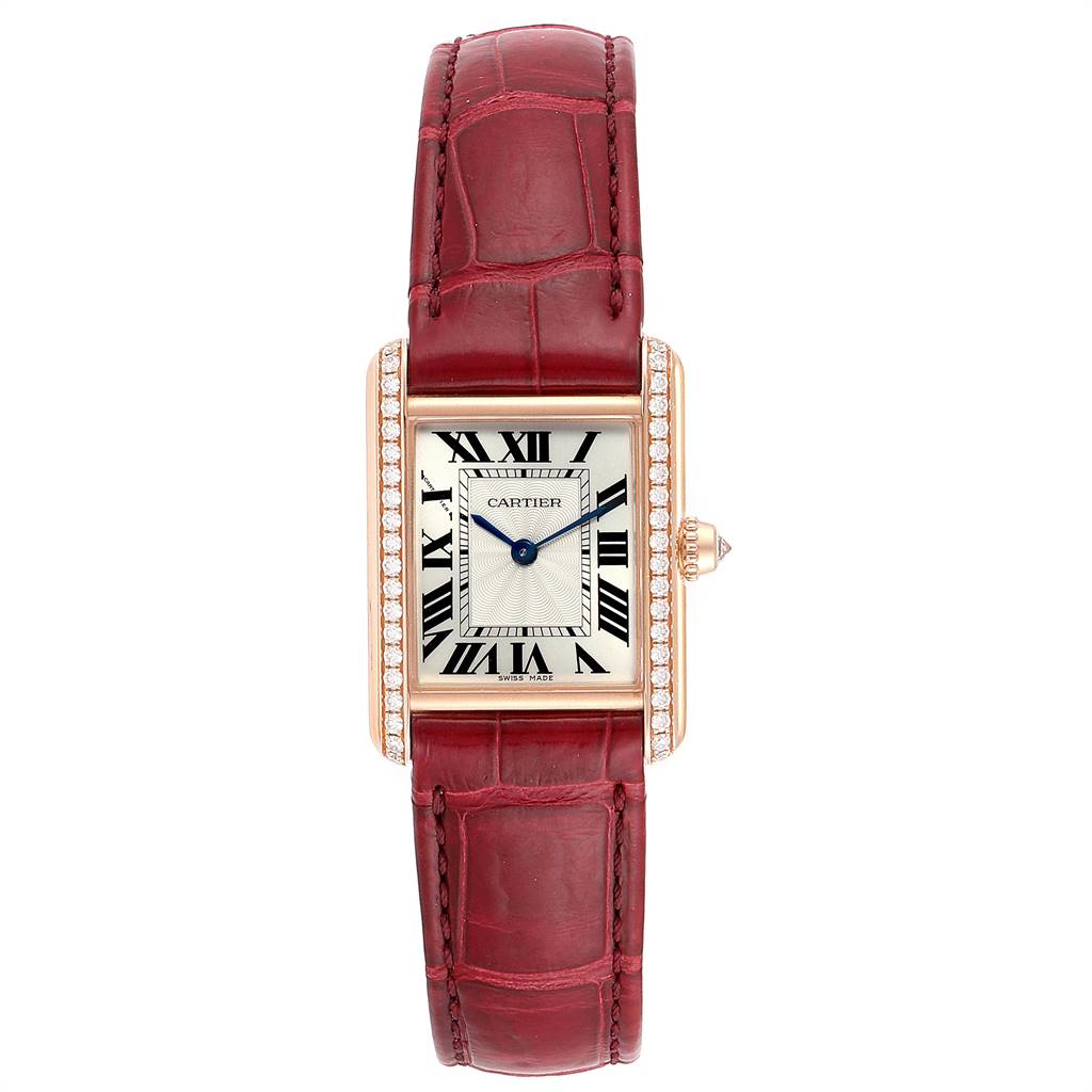 The image shows a front view of the Cartier Tank Louis WJTA0010 Women's Yellow Gold Silver Dial WJTA0010 Women's Yellow Gold Silver Dial watch, featuring a rectangular dial, Roman numerals, and a red leather strap.