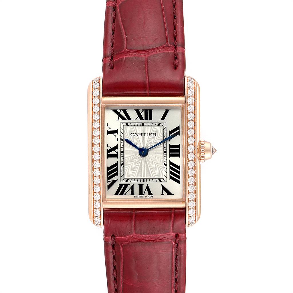 This image shows the front view of the Cartier Tank Louis WJTA0010 Women's Yellow Gold Silver Dial WJTA0010 Women's Yellow Gold Silver Dial watch, highlighting its rectangular face, Roman numerals, and red strap.