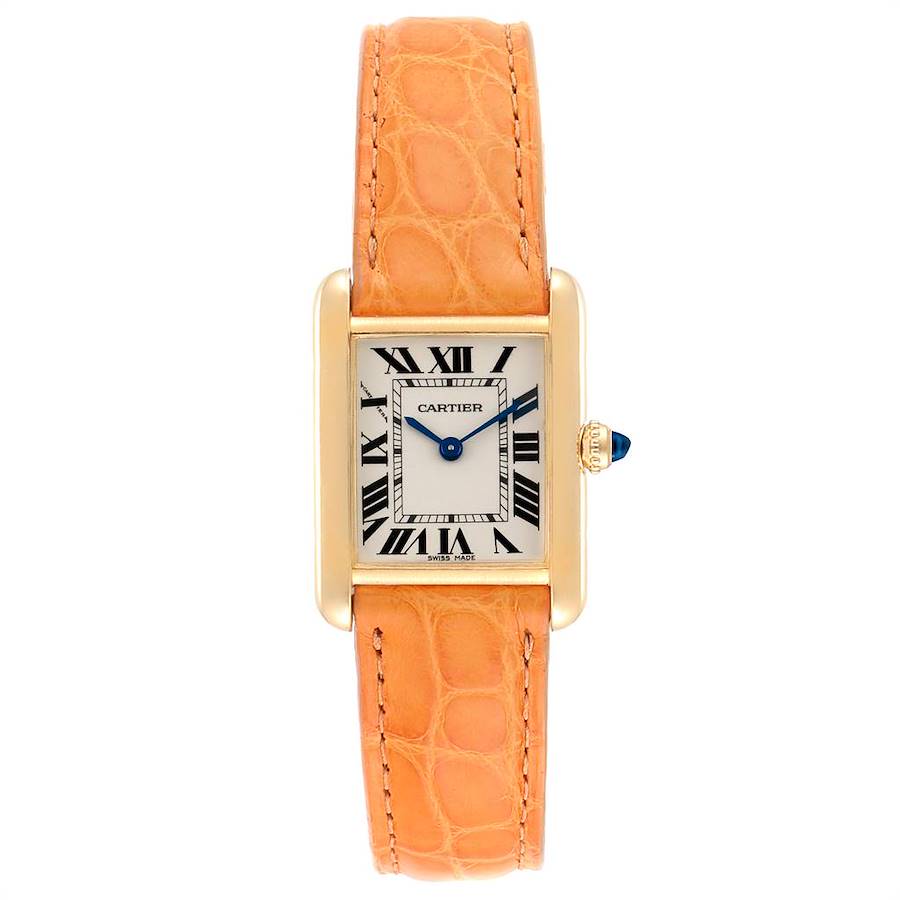 Cartier Tank Louis 18k Yellow Gold Orange Strap Ladies Watch W1529856 SwissWatchExpo