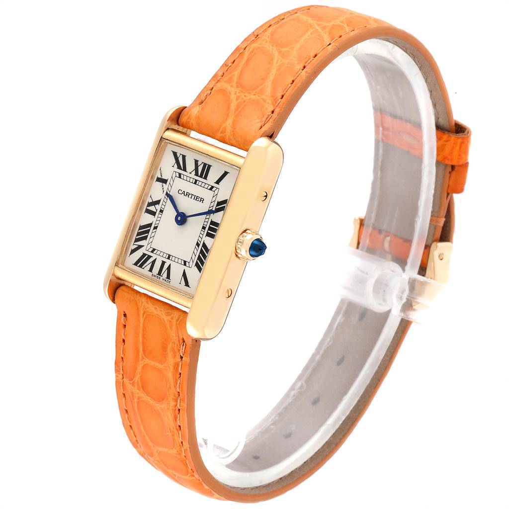 The image shows a Cartier Tank Louis W1529856 Women
s Yellow Gold Silver Dial W1529856 Women
s Yellow Gold Silver Dial watch at a slight angle, highlighting its face, strap, and side crown.