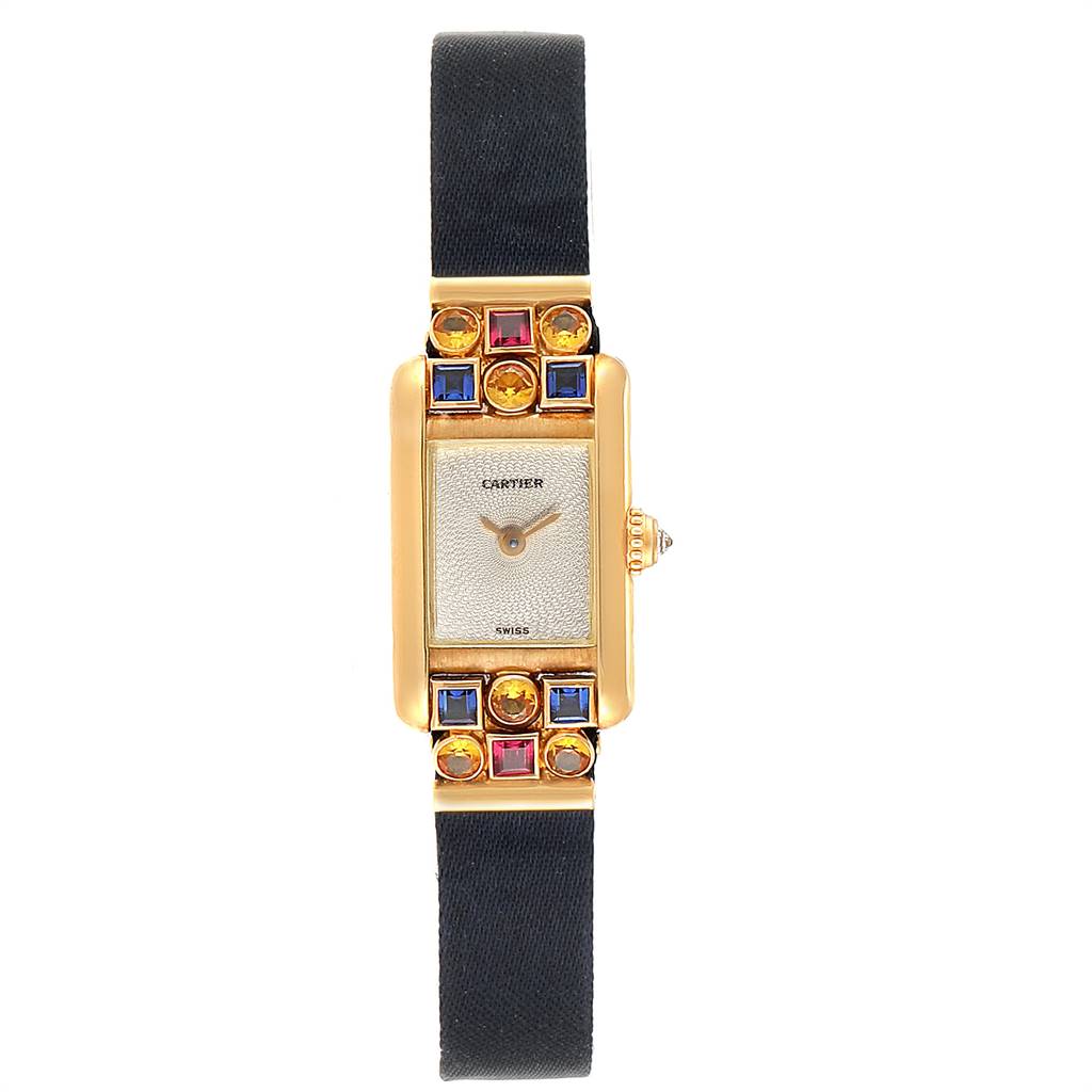 The Cartier Tank Louis 1360 Women
s Yellow Gold Silver Dial 1360 Women
s Yellow Gold Silver Dial watch is shown from the front, displaying the face, bezel with gemstones, and the black strap.