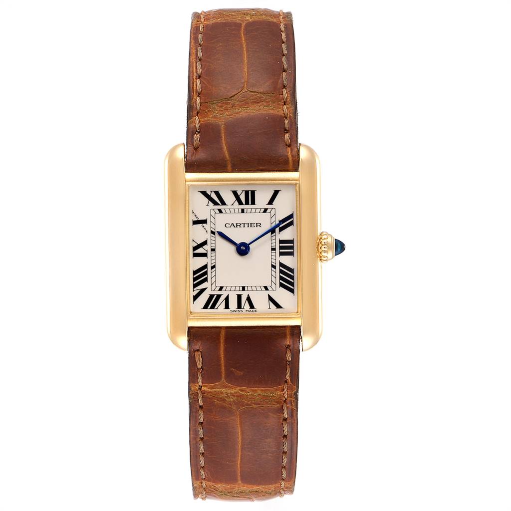 The image displays a Cartier Tank Louis W1529856 Women
s Yellow Gold Silver Dial W1529856 Women
s Yellow Gold Silver Dial watch in a front view, showing its face, leather strap, and crown.
