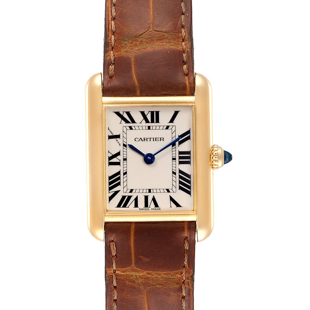 This image shows a front view of the Cartier Tank Louis W1529856 Women
s Yellow Gold Silver Dial W1529856 Women
s Yellow Gold Silver Dial model watch, featuring its rectangular face, Roman numerals, and leather strap.
