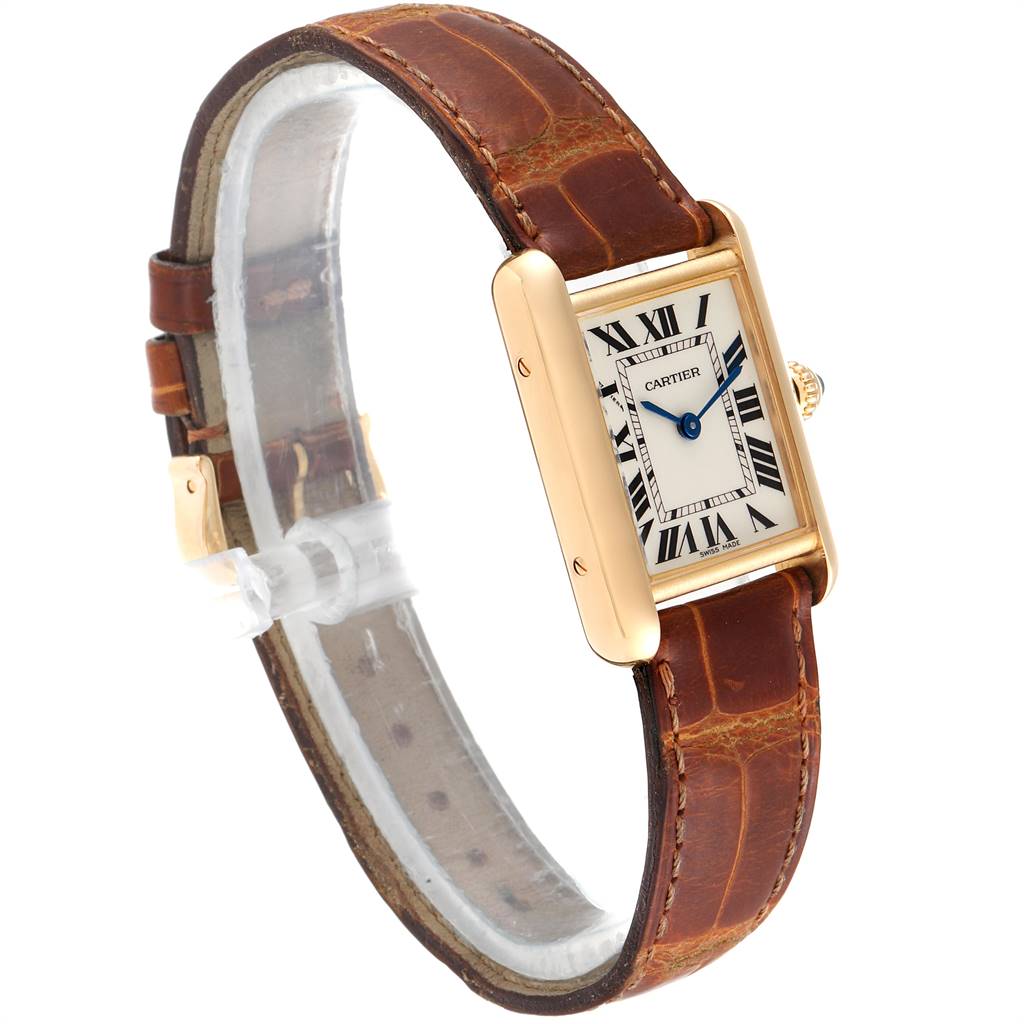 The image shows a Cartier Tank Louis W1529856 Women
s Yellow Gold Silver Dial W1529856 Women
s Yellow Gold Silver Dial model watch at a three-quarter angle, highlighting its rectangular face and brown leather strap.