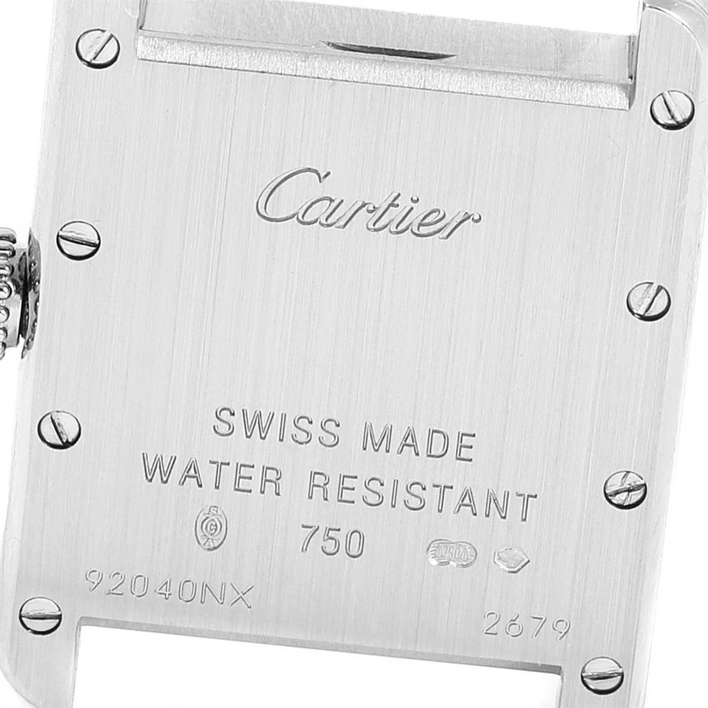 This image shows the back case of the Cartier Tank Louis W1541056 Women's White Gold Silver Dial W1541056 Women's White Gold Silver Dial model, highlighting the brand name and specifications.