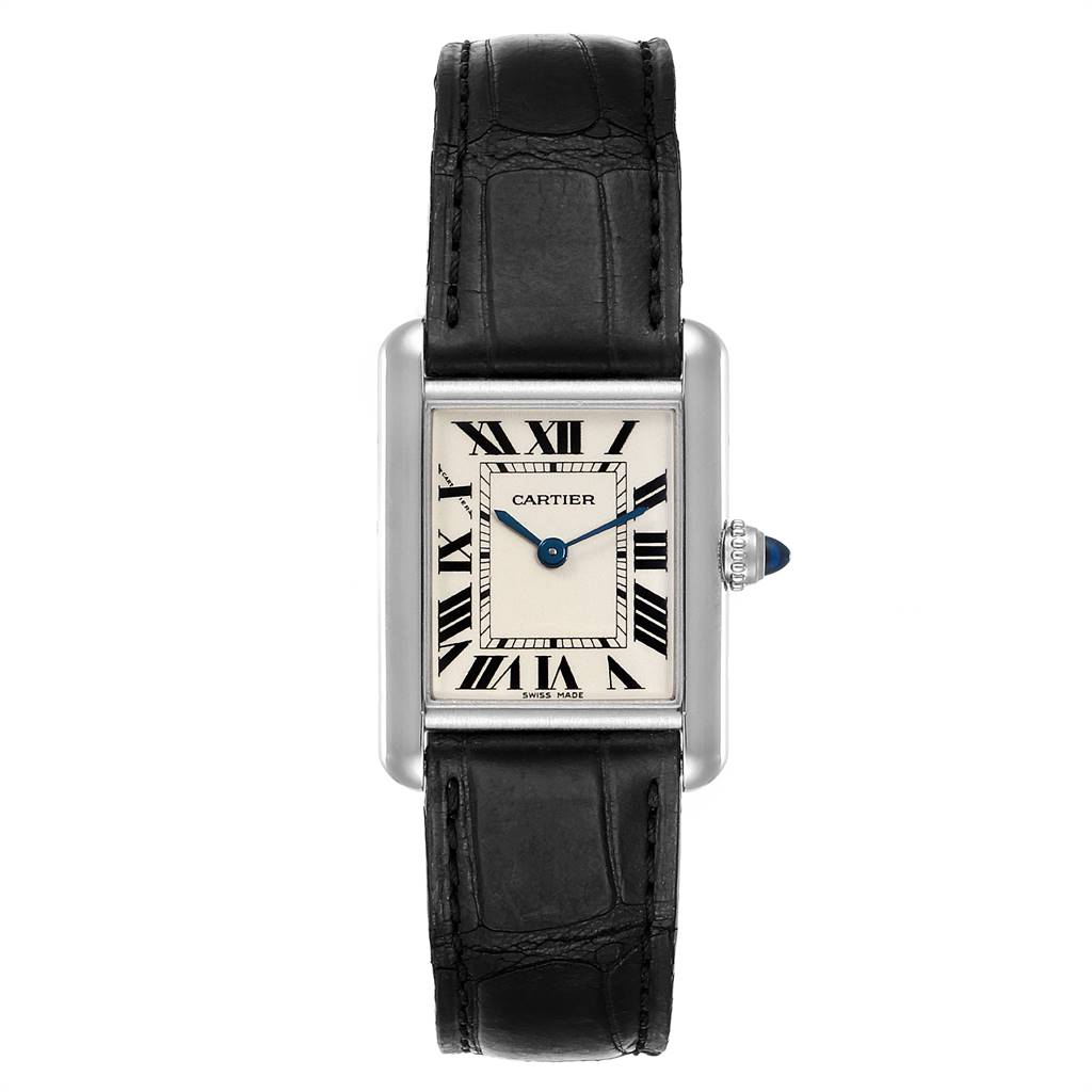 This image shows a front view of a Cartier Tank Louis W1541056 Women's White Gold Silver Dial W1541056 Women's White Gold Silver Dial watch, highlighting the face, bezel, and leather strap.