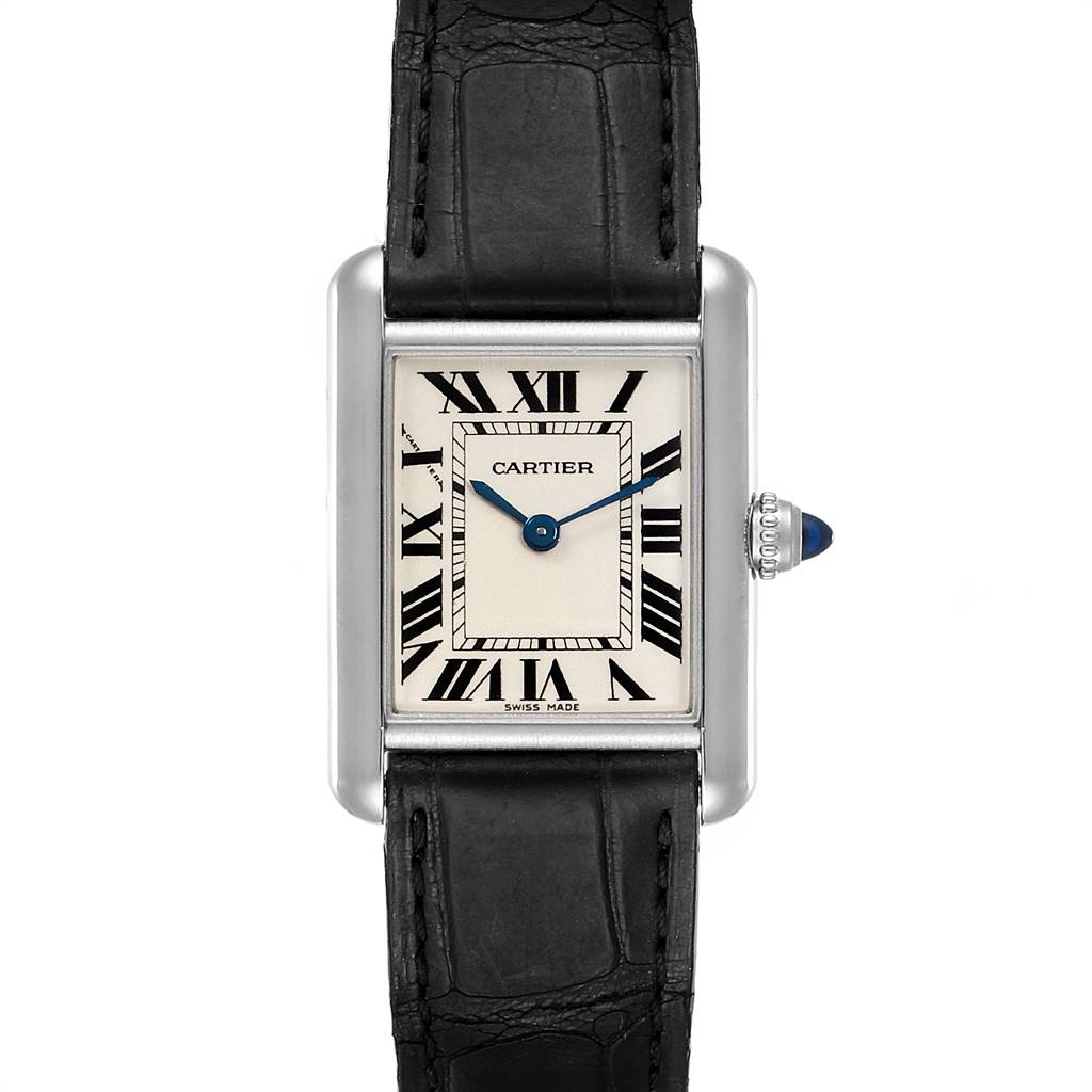 The image shows a front view of a Cartier Tank Louis W1541056 Women's White Gold Silver Dial W1541056 Women's White Gold Silver Dial watch, highlighting its rectangular dial, Roman numerals, and black leather strap.