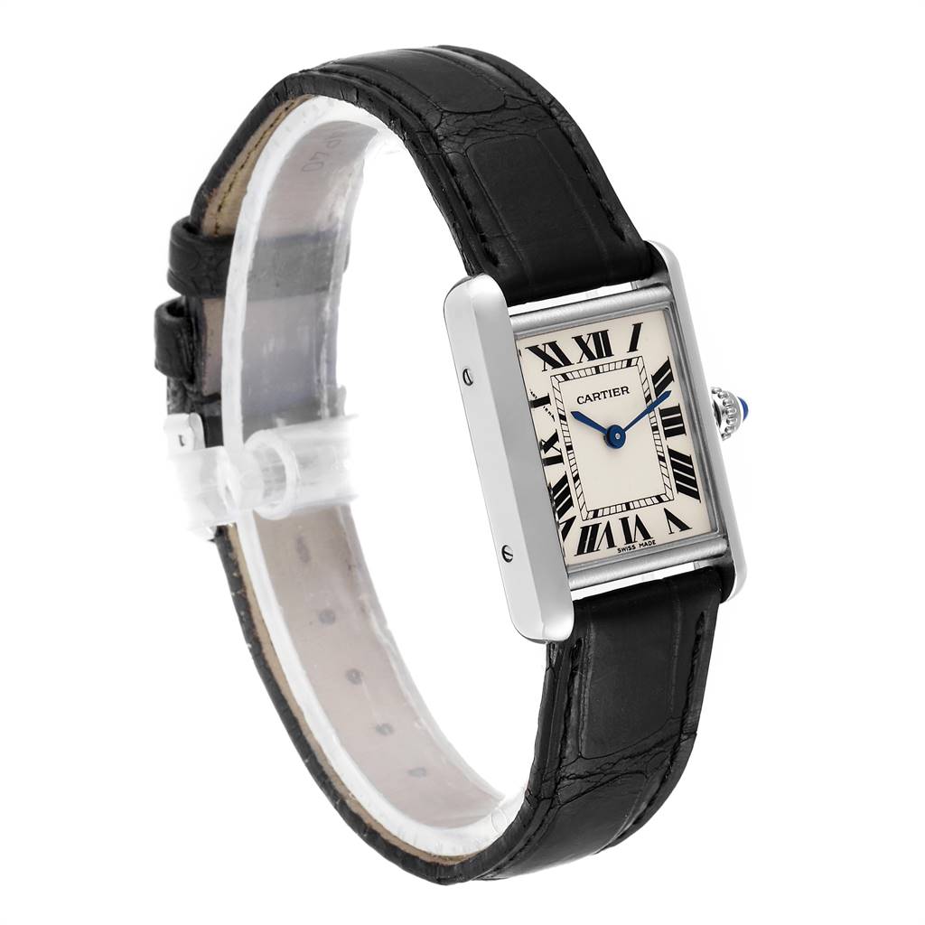 The image shows a side angle view of a Cartier Tank Louis W1541056 Women's White Gold Silver Dial W1541056 Women's White Gold Silver Dial watch, highlighting its rectangular face and black leather strap.