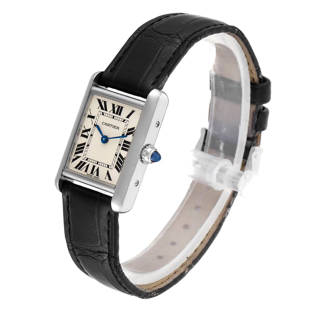 The Cartier Tank Louis W1541056 Women's White Gold Silver Dial W1541056 Women's White Gold Silver Dial watch is shown at an angle displaying the face, side, and black leather strap.
