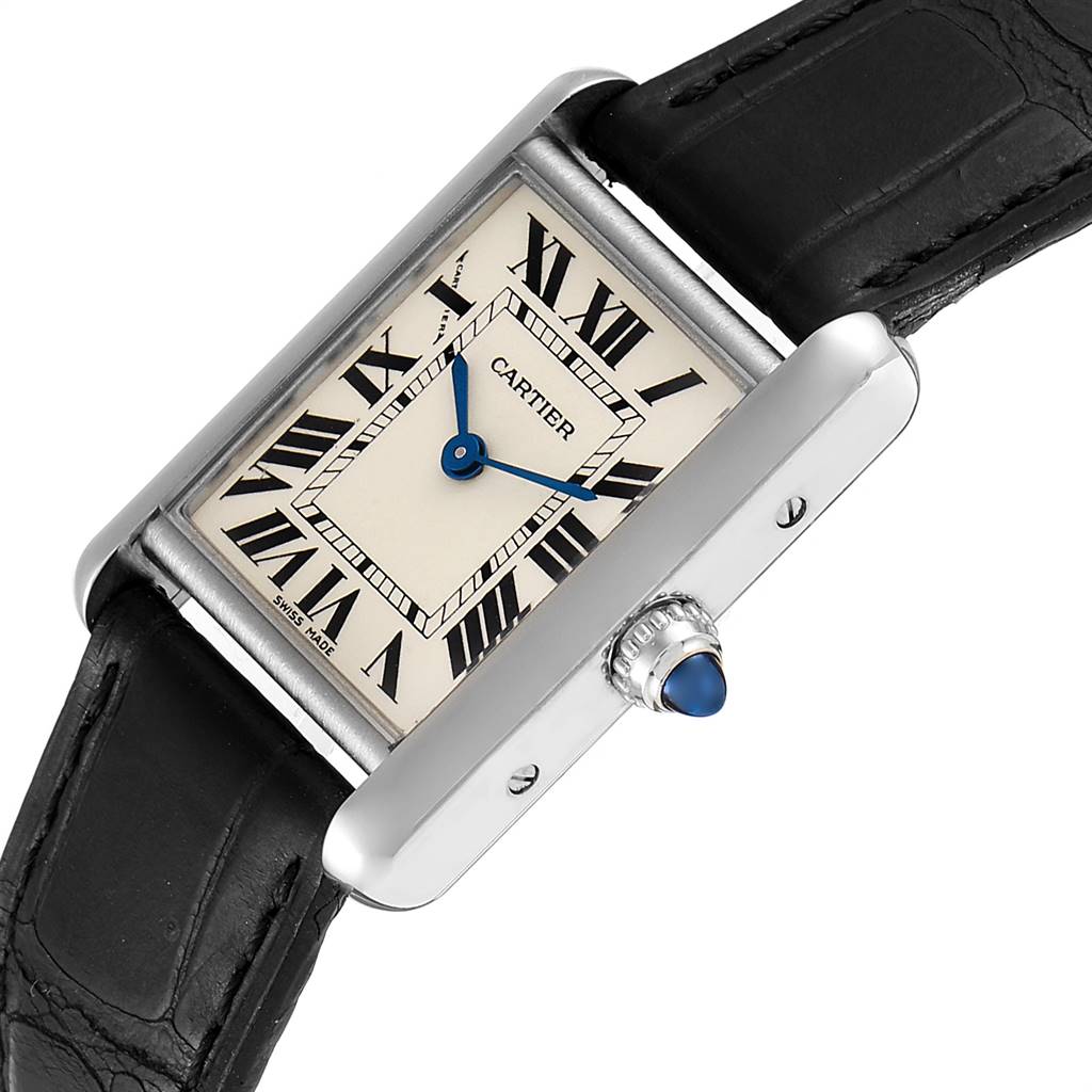 The Cartier Tank Louis W1541056 Women's White Gold Silver Dial W1541056 Women's White Gold Silver Dial watch is shown at an angle highlighting the face, bezel, crown, and black leather strap.