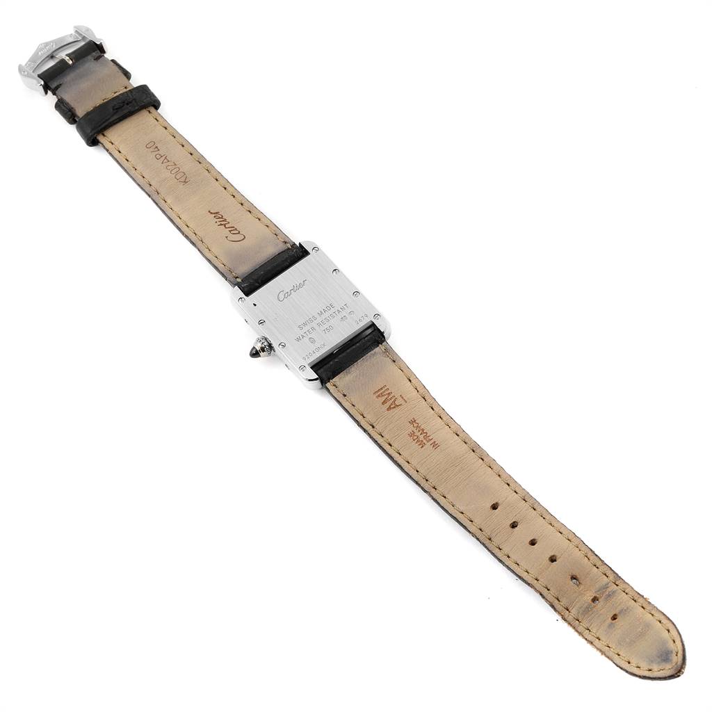 This image shows the back view of the Cartier Tank Louis W1541056 Women's White Gold Silver Dial W1541056 Women's White Gold Silver Dial watch, displaying the case back, strap, and buckle.