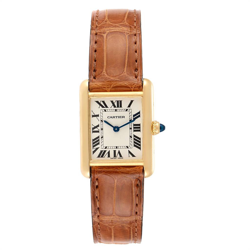 The image shows a Tank Louis model by Cartier from a front angle, featuring its face, case, crown, and leather strap.