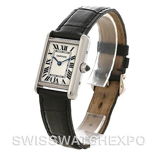 The Cartier Tank Louis W1541056 Women's White Gold Silver Dial W1541056 Women's White Gold Silver Dial model watch is shown at an oblique angle, highlighting its rectangular face, leather strap, and crown.