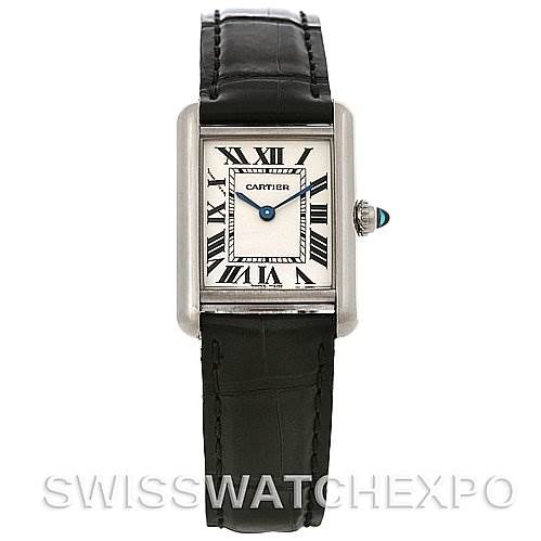 The image shows a front view of a Cartier Tank Louis W1541056 Women's White Gold Silver Dial W1541056 Women's White Gold Silver Dial watch with a black leather strap and Roman numeral dial.